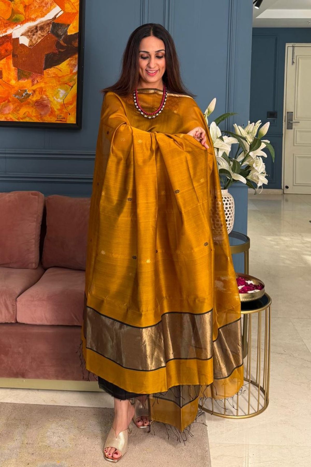 Maheshwari handloom silk by cotton kurta dupatta set